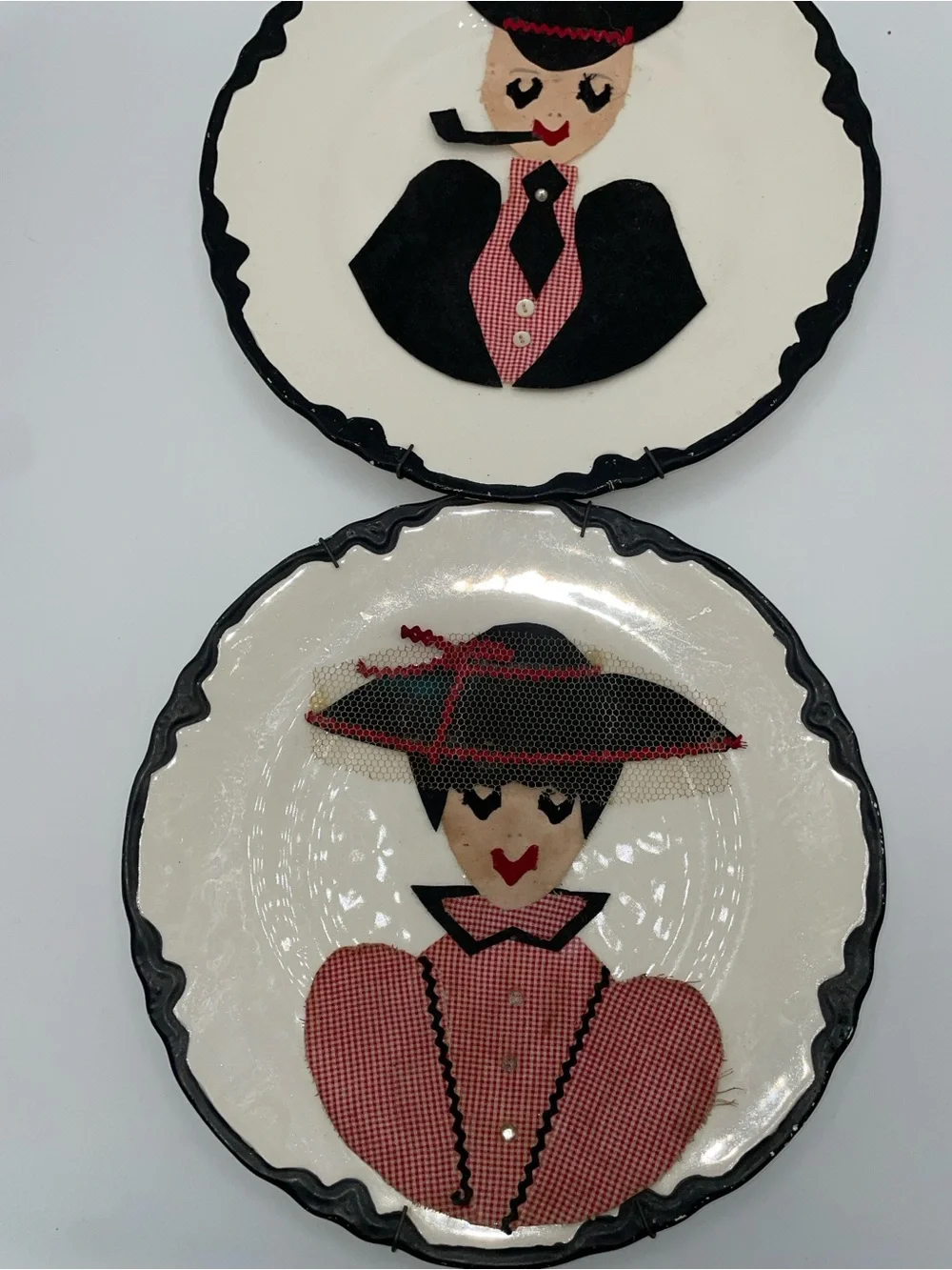Vintage Decorative Plate Pair — Black and Pink Lady & Gentleman Motif